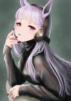 1girl animal_ears black_hairband black_headband black_sweater blunt_bangs blush breasts commentary_request dated_commentary gold_ship_(umamusume) grey_hair hairband headband highres horse_ears horse_girl long_hair long_sleeves looking_at_viewer otono_(bkt4b) parted_lips purple_eyes red_nails solo sweater umamusume