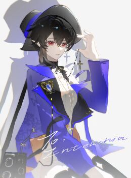 1girl absurdres arknights black_hair black_hat black_thighhighs blue_jacket camera character_name clothing_cutout cowboy_shot cross cross_necklace crossed_bangs dress earrings entelechia_(arknights) entelechia_(dazzling_blue)_(arknights) flower_earrings hair_between_eyes hat highres holding holding_jewelry holding_necklace jacket jewelry jiu_yi_wu lapel_pin long_sleeves looking_at_viewer mole mole_under_eye necklace official_alternate_costume pointy_ears red_eyes short_hair sidelocks simple_background sitting solo star-shaped_pupils star_(symbol) strap symbol-shaped_pupils thighhighs white_dress