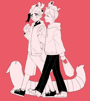 2boys absurdres bag closed_eyes eiku florian_(pokemon) food furret gen_2_pokemon greyscale_with_colored_background hairband highres holding holding_food hood hoodie kieran_(pokemon) male_focus mole mole_on_neck multicolored_hair multiple_boys nintendo on_head open_mouth pawmi plastic_bag pokemon pokemon_(creature) pokemon_on_head pokemon_sv ponytail red_background short_hair shorts smile two-tone_hair walking