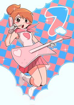 1girl bandana bandana_around_neck black_eyes boots brown_hair character_request checkered_background cloud electric_guitar full_body gloves guitar headset heart heart_print high_ponytail highres holding holding_guitar holding_instrument instrument jangbar_rhythm looking_at_viewer open_mouth pink_bandana pink_shirt pink_skirt pleated_skirt ponytail print_shirt rhythm_tengoku shirt short_hair short_ponytail skirt sleeveless sleeveless_shirt solo white_boots white_gloves