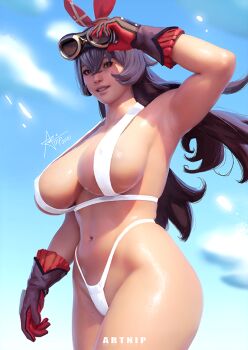 1girl alternate_breast_size_(larger) amber_(genshin_impact) artnip bikini breasts crossed_bangs curvy genshin_impact gloves goggles goggles_on_head huge_breasts large_breasts long_hair looking_at_viewer navel parted_lips realistic red_gloves red_ribbon revealing_clothes ribbon skindentation sky smile solo swimsuit thighhighs thighs two-tone_gloves white_bikini wide_hips