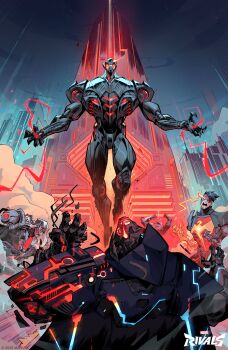 2025 5boys absurdres avengers_(series) black_hair blue_sky commentary copyright_logo copyright_name cyborg doctor_doom doom_2099 english_commentary eye_trail glowing hawkeye_(binary_arrow)_(marvel) hawkeye_(marvel) highres iron_fist_(binary_fist)_(marvel) iron_fist_(marvel) leo_chiola light_trail lin_lie_(marvel) logo long_hair magneto magneto_(binary_sword) male_focus marvel marvel_rivals multiple_boys muscular muscular_male official_art open_mouth robot short_hair sky ultron white_hair x-men