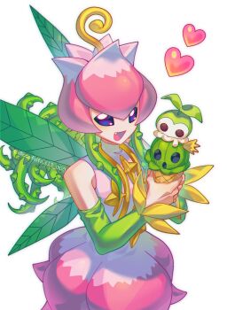 Rule 34 | 1girl, bare shoulders, confeito000 333, cowboy shot, digimon, digimon (creature), dress, fairy wings, green hair, green wings, hat, highres, holding, holding ice cream cone, ice cream cone, lilimon, pink dress, pink hat, plant hair, simple background, solo, tanemon, togemon, white background, wings