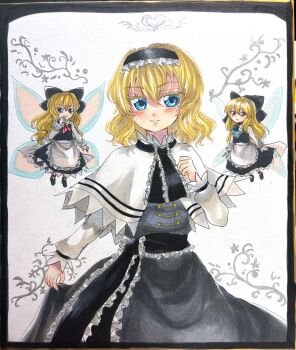 3girls alice_margatroid alternate_color black_bow black_dress black_hairband black_sash blonde_hair blue_eyes blush bow capelet closed_mouth commentary_request doll dress frilled_hairband frilled_sash frills hairband highres lolita_hairband long_hair long_sleeves looking_at_viewer medium_hair mitsu~ multiple_girls sash shanghai_doll skirt_hold smile touhou traditional_media waist_sash white_capelet wings