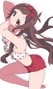 Rule 34 | 1girl, antenna hair, armpits, arms up, bare legs, barefoot, bikini, breasts, brown hair, cleavage, floating hair, halterneck, highres, idolmaster, idolmaster cinderella girls, medium breasts, mismatched bikini, red eyes, solo, sukoyaka (100hituzi), swimsuit, toes, tsujino akari