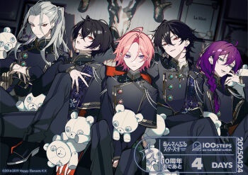 5boys ahoge ayase_mayoi between_legs black_hair black_pants black_shirt braid brooch commentary_request crossed_legs ensemble_stars! green_eyes hair_between_eyes hand_between_legs head_tilt high_collar high_ponytail jewelry knee_up kuroyuki_(ensemble_stars!) la_mort_(ensemble_stars!) long_hair long_sleeves looking_at_viewer mochizuki_kei multiple_boys official_alternate_costume official_art open_mouth oukawa_kohaku own_hands_together pants parted_bangs pink_hair ponytail purple_eyes purple_hair ran_nagisa red_eyes sakuma_rei_(ensemble_stars!) sakuma_ritsu sharp_teeth shirt short_hair side_braid single_braid sitting smile stuffed_animal stuffed_toy teddy_bear teeth white_hair