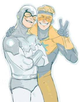 2boys arm_around_shoulder blue_beetle booster_gold closed_eyes crossed_arms dc_comics facing_viewer bad_tag happy kanataria male_focus michael_carter multiple_boys pastel_colors smile superhero_costume ted_kord v