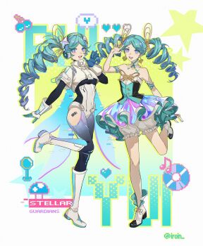 2girls absurdres aqua_hair aqua_nails barcode barcode_tattoo bloomers blue_eyes boots character_name collar commentary detached_sleeves dress drill_hair dual_persona earrings english_text full_body gloves gold_earrings hair_ornament hand_up headphones highres iridescent_clothes iroin11 jewelry layered_dress long_hair looking_at_viewer multicolored_eyes multiple_girls open_mouth persona persona_5 persona_5:_the_phantom_x pixel_art_inset purple_eyes side_drill smile standing standing_on_one_leg star-shaped_pupils star_(symbol) star_hair_ornament symbol-shaped_pupils tattoo teeth twin_drills twitter_username two-tone_eyes underwear upper_teeth_only white_background white_bloomers white_boots yui_(p5x)