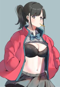 Rule 34 | 1girl, aqua background, black bra, black hair, black skirt, blue bow, bow, bra, breasts, brown eyes, cleavage, clothes lift, collared shirt, commentary request, cowboy shot, food, food in mouth, french fries, girlfriend (yoru mac), grey shirt, hands in pockets, highres, jacket, large breasts, long hair, navel, open clothes, open jacket, pleated skirt, ponytail, school uniform, shirt, shirt lift, simple background, skirt, solo, stomach, ti yue tu, underwear, yoru mac