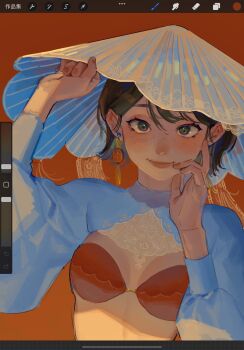 1girl amo_(amo_0514) art_program_in_frame blue_hat blue_shrug blush bra breasts breasts_apart brown_hair closed_mouth collared_shrug colored_inner_hair commentary_request earrings fingernails freckles gradient_background grey_eyes grey_hair hair_behind_ear hair_between_eyes hand_on_headwear hand_on_own_face hands_up hat highres jewelry linea_alba long_sleeves looking_at_viewer medium_breasts multicolored_hair nail_polish orange_background original procreate_(medium) procreate_(software) puffy_long_sleeves puffy_sleeves red_background red_bra red_nails short_hair shrug_(clothing) simple_background smile solo strapless strapless_bra tassel tassel_earrings underwear upper_body user_interface