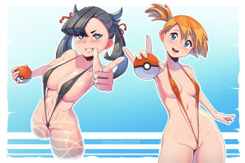 2girls abs asymmetrical_hair bare_shoulders bikini breasts cleft_of_venus cowboy_shot female_pubic_hair green_eyes gym_leader hair_tie holding holding_poke_ball interracial kagato007 large_breasts looking_at_viewer marnie_(pokemon) medium_breasts misty_(pokemon) multiple_girls navel nintendo nipples one-piece_swimsuit orange_hair poke_ball pokemon pokemon_rgby pokemon_swsh ponytail pubic_hair short_hair side_ponytail sitting slingshot_swimsuit smile solo swimsuit thighs