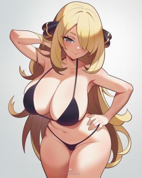 1girl arm_behind_head bikini black_bikini blonde_hair breasts cleavage closed_mouth collarbone curvy cynthia_(pokemon) flipherrrr grey_eyes groin hair_ornament hair_over_one_eye hand_on_own_hip highres large_breasts long_hair looking_at_viewer navel nintendo pokemon pokemon_dppt simple_background smile solo stomach swimsuit thighs very_long_hair