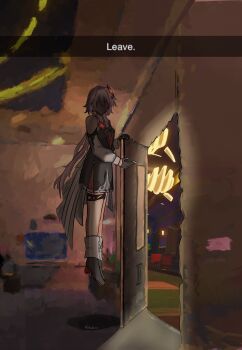 1girl absurdres artist_name asymmetrical_dress black_flower black_gloves boots commentary dress earrings english_commentary english_text evernight_(honkai:_star_rail) faceless faceless_female floating flower flower_ornament gloves hair_between_eyes hair_flower hair_ornament hairclip hakukiee high_heel_boots high_heels highres honkai:_star_rail honkai_(series) indoors jewelry levitation long_hair long_sleeves march_7th_(honkai:_star_rail) pink_hair single_earring solo