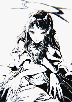 1girl akari_(pokemon) black_hair black_halo crossed_arms facing_viewer green_eyes halo highres japanese_clothes kimono kneeling long_bangs looking_up mita_(itijitekinammm) monochrome nintendo on_ground parted_hair partially_colored pokemon pokemon_legends:_arceus red_eyes sidelocks sitting solo spot_color white_background white_kimono