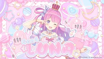 Rule 34 | 1girl, ;d, absurdres, bracelet, candy, candy hair ornament, character name, commentary request, crescent, crown, dress, food, food-themed hair ornament, frilled dress, frills, gradient hair, hair ornament, hair rings, highres, himemori luna, himemori luna (1st costume), hololive, hololive dreams, jewelry, lollipop, luknight (himemori luna), macaron, multicolored hair, official art, one eye closed, one side up, open mouth, pink dress, pink theme, puffy short sleeves, puffy sleeves, purple eyes, purple hair, short sleeves, single hair ring, smile, solo, sparkle, sprinkles, star (symbol), v, virtual youtuber