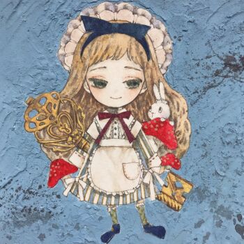 1girl acrylic_paint_(medium) animal_ears apron blue_background blue_bow blue_dress blue_headband blue_ribbon blue_shoes bow bowtie brown_hair chibi child closed_mouth dress frilled_apron frills full_body green_eyes hair_ribbon hairband hat headband headdress highres holding holding_key karintoun key long_hair long_sleeves maid original painting_(medium) rabbit red_ribbon ribbon shirt shoes skirt smile socks striped_clothes striped_dress striped_skirt swept_bangs traditional_media watercolor_(medium) white_apron white_shirt