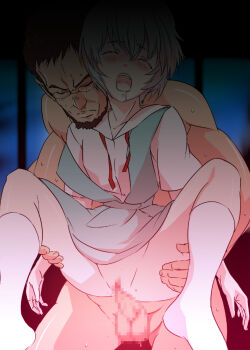 Rule 34 | 1boy, 1girl, age difference, ayanami rei, blue hair, censored, closed eyes, clothed female nude male, drooling, gainax, glasses, held up, hetero, highres, holding legs, ikari gendou, kneehighs, moaning, neon genesis evangelion, nikudango koubou, no panties, nude, open mouth, penis, petite, pussy, saliva, school uniform, sex, short hair, socks, spread legs, standing, sweat, testicles, tongue, vaginal