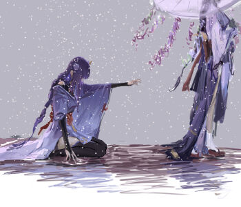 2girls absurdres arm_up back_bow black_thighhighs blunt_bangs bow braid bridal_gauntlets commentary_request faceless faceless_female flower genshin_impact grey_background hair_ornament highres holding holding_umbrella japanese_clothes kimono leaning_forward long_braid long_hair long_sleeves luxxxian makoto_(genshin_impact) multiple_girls oil-paper_umbrella outdoors purple_hair purple_kimono raiden_shogun reaching reaching_towards_another red_sash sash seiza shade siblings single_braid sisters sitting snow snowing standing thighhighs twins umbrella wide_sleeves wisteria