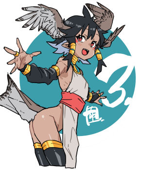 1girl ancient_egyptian_clothes armlet bare_shoulders bird_girl bird_tail bird_wings black_hair blue_hair blue_nails blush bracelet brown_wings chiwa_(fcwv5738) colored_inner_hair commentary_request cowboy_shot dark_skin detached_sleeves facial_mark feathered_wings feathers gold_bracelet gold_thighlet hair_ornament hair_tubes halterneck head_wings highres japanese_clothes jewelry light_blue_hair multicolored_hair nail_polish no_panties numbered open_mouth original outstretched_hand red_eyes ring short_hair signature smile solo spread_fingers spread_wings tail thighhighs thighlet wings