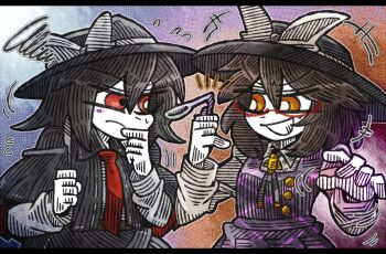 2girls bent_spoon black_capelet black_hair black_hat black_skirt blush blush_stickers bow brown_hair buttons capelet closed_mouth grin hair_between_eyes hat hat_bow long_sleeves looking_at_object multiple_girls necktie orange_eyes purple_skirt school_uniform shirt shirt_ribbon short_hair skirt sleeve_cuffs smile spoon spoon_bending squiggle suenari_(peace) thinking touhou usami_renko usami_sumireko white_shirt