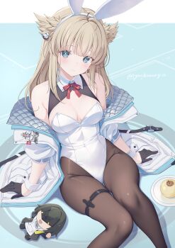 1girl alternate_costume animal_ear_hairband animal_ears arknights arknights:_endfield bare_shoulders black_gloves black_pantyhose blonde_hair blue_eyes breasts character_doll clothes_writing commentary_request commission doll endministrator_(arknights) fake_animal_ears female_endministrator_(arknights) gloves groin hairband half_gloves highres jacket leotard long_hair looking_at_viewer medium_breasts off_shoulder pantyhose partial_commentary perlica_(arknights) playboy_bunny rabbit_ear_hairband rabbit_ears sitting skeb_commission solo white_hairband white_jacket white_leotard yellow_pupils yoshino_ryou