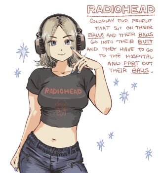1girl absurdres black_shirt blonde_hair blue_eyes blue_nails blue_pants commentary contrapposto cropped_shirt english_commentary english_text hand_up headphones heidi_(heytherenrds) highres looking_at_viewer medium_hair midriff nail_polish navel original pants radiohead_(band) shirt short_sleeves simple_background smile solo text_print what white_background