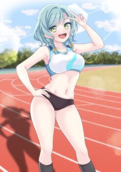 1girl a5hio absurdres aqua_hair armpits bang_dream! bare_shoulders black_buruma black_socks blue_sky blue_sports_bra braid breasts buruma cloud commentary_request commission feet_out_of_frame green_eyes hand_on_own_hip highres hikawa_hina kneehighs large_breasts looking_at_viewer navel open_mouth running_track shadow short_hair skeb_commission sky socks solo sports_bikini sports_bra sportswear teeth tree twin_braids upper_teeth_only v