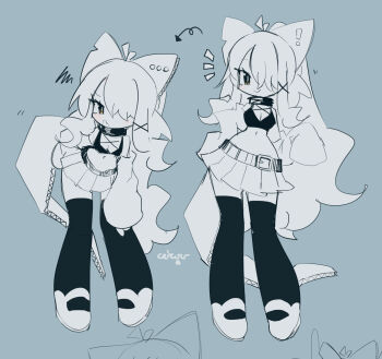 ! ... 1girl animal_ears antenna_hair arrow_(symbol) belt black_bra black_collar black_thighhighs blue_background bra breasts cardboard cardie_(ceroro) ceroro cleavage closed_mouth collar commentary cross-laced_bra english_commentary fake_animal_ears fake_tail fang hair_over_one_eye highres leaning_forward long_bangs long_hair long_sleeves midriff monochrome motion_lines multiple_views navel open_mouth original pleated_skirt ponytail shoes signature simple_background skirt sleeves_past_fingers sleeves_past_wrists smirk squiggle tail thighhighs underwear v-shaped_eyebrows very_long_hair white_shoes white_skirt white_sleeves zettai_ryouiki