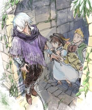 1girl 2boys alfyn_greengrass black_hat blonde_hair brown_hair cloak commentary_request dress hair_between_eyes hat highres multiple_boys octopath_traveler octopath_traveler_i open_mouth purple_cloak qqqqqli short_hair stairs standing therion_(octopath_traveler) tressa_(octopath_traveler) tressa_colzione white_dress white_hair