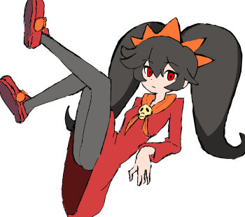 1girl ashley_(warioware) black_hair commentary_request dress hairband highres ktmthe2nd long_hair neckerchief nintendo orange_hairband orange_neckerchief pantyhose red_dress red_eyes red_shoes shoes skull_brooch skull_ornament solo twintails warioware white_background