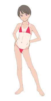 Rule 34 | 1girl, aged up, armpits, asymmetrical bangs, bare arms, bare legs, bare shoulders, barefoot, bikini, brown hair, closed mouth, collarbone, contrapposto, dot nose, female focus, flat chest, flat color, full body, groin, hands on own hips, highres, kbrg, legs, legs apart, looking at viewer, micro bikini, midriff, navel, original, purple eyes, red bikini, short hair, simple background, smile, solo, standing, swimsuit, tan, tanline, very short hair, white background