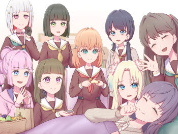 &gt;:) 6+girls :d absurdres anyoji_hime apple apple_rabbit apple_slice aqua_neckerchief banana black_choker black_gloves black_ribbon blonde_hair blue_hair blue_ribbon blunt_bangs blunt_ends bob_cut bookshelf braid breasts brown_cardigan brown_dress brown_hair cardigan choker commentary_request cutting dress flower food food_art fruit fujishima_megumi gift_bag gloves grapes green_apple grey_hair hair_flower hair_ornament hair_ribbon half_gloves hasu_no_sora_school_uniform highres hinoshita_kaho holding holding_food holding_fruit indoors inverted_bob kachimachi_kosuzu kannogi link!_like!_love_live! long_hair long_sleeves love_live! low_twintails medium_breasts momose_ginko multi-tied_hair multiple_girls murano_sayaka neckerchief o-ring o-ring_choker open_cardigan open_clothes open_mouth osawa_rurino otomune_kozue otomune_kozue_(winter_loungewear) pear pink_eyes pink_flower pink_hair ponytail red_hair red_neckerchief ribbon sailor_collar sailor_dress school_uniform short_hair side_braids smile star_(symbol) star_hair_ornament twintails two_side_up v-shaped_eyebrows white_dress white_sailor_collar winter_uniform yellow_neckerchief yugiri_tsuzuri