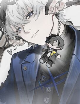 Rule 34 | 2boys, absurdres, ardashir (arknights), arknights, arknights: endfield, black hair, black horns, black mask, black shirt, blue eyes, blue jacket, character charm, charm (object), chinese commentary, commentary request, endministrator (arknights), eye mask, gloves, grey hair, highres, holding, holding charm, horns, jacket, male endministrator (arknights), male focus, mask, mingxin634, multiple boys, partially fingerless gloves, pointy ears, shirt, simple background, sweater, turtleneck, white background, white sweater