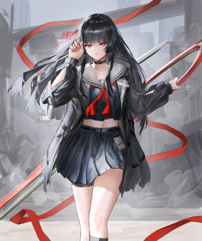 1girl absurdres angelo_(angeloart26) black_choker black_jacket black_serafuku black_shirt black_skirt bright_pupils chisa_(wuthering_waves) choker collarbone commentary crop_top hair_ribbon highres holding holding_sword holding_weapon jacket looking_at_viewer midriff parted_lips red_eyes red_ribbon ribbon sailor_collar school_uniform serafuku shirt skirt solo sword thigh_strap thighs weapon white_pupils white_sailor_collar wuthering_waves