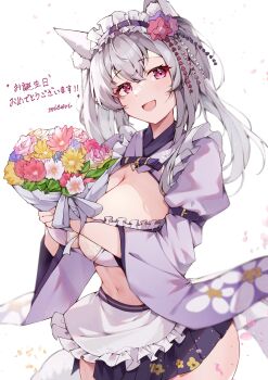 1girl absurdres animal_ear_fluff animal_ears apron blush bouquet breasts cat_ears cleavage commission double-parted_bangs floral_print floral_print_kimono floral_print_skirt flower grey_hair hair_between_eyes hair_flaps hair_ornament hairband hakama hakama_short_skirt hakama_skirt highres holding holding_bouquet huge_breasts indie_virtual_youtuber japanese_clothes kanzashi kimono lolita_hairband long_hair looking_at_viewer maid misoni_(mi_so_ni_t) miyako_miyuri mole mole_under_eye open_mouth pleated_skirt print_kimono print_skirt purple_kimono purple_skirt red_eyes sagging_breasts see-through_clothes see-through_cleavage siblings skeb_commission skirt sleeve_garter smile solo tail twins twintails virtual_youtuber wa_maid waist_apron white_apron