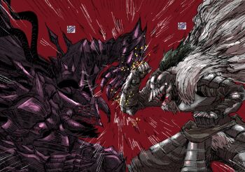 2boys absurdres armor black_souls blocking blood cape clawed_gauntlets fake_horns fighting full_armor fur_cape gauntlets grey_cape grimm_(black_souls) haho hashtag-only_commentary helmet highres horned_helmet horns knight lindamea_(black_souls) motion_lines multiple_boys purple_armor red_background simple_background sushi_yuusha_toro_(style)