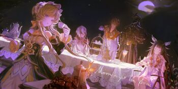 2boys 3girls absurdres alcohol arlecchino_(genshin_impact) arm_ribbon bare_shoulders black_collar black_eyes black_gloves black_hair black_hands black_helm black_helmet black_mask black_sleeves black_streaks blue_eyes bonnet bottle bow breasts brown_hair bug cake cake_slice capitano_(genshin_impact) chair clawed_gauntlets closed_eyes closed_mouth cloud cocktail_glass collar colored_extremities columbina_(genshin_impact) commentary creamer_(vessel) cup dessert detached_collar detached_sleeves dfish2_0 dress drinking_glass eating english_commentary english_text eye_mask faceless faceless_male fingernail_gloves flower food fork frills full_moon genshin_impact gift gloves hair_between_eyes hair_ornament hair_ribbon head_wings headdress helm helmet highres holding holding_cup holding_fork holding_gift holding_plate holding_saucer holding_teapot holding_tray insect insect_wings long_hair long_sidelocks long_sleeves looking_at_viewer mask mask_on_head moon moth moth_wings multicolored_hair multiple_boys multiple_girls multiple_wings night open_mouth orange_hair pants parfait pastry plate purple_hair purple_streaks red_flower red_mask red_pupils red_rose ribbon rose sandrone_(genshin_impact) sandwich saucer see-through_clothes see-through_mask short_hair short_hair_with_long_locks sidelocks sitting smile spiked_helmet streaked_hair sugar_bowl symbol-shaped_pupils table tablecloth tartaglia_(genshin_impact) tea tea_party tea_set teacup teapot tiered_tray tray two-tone_hair very_long_hair white_dress white_hair white_headdress white_mask white_wings winding_key wine wine_bottle wine_glass wing_hair_ornament wings wrist_bow x-shaped_eyewear x-shaped_pupils