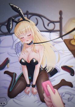 1girl absurdres animal_ears bare_shoulders bdsm bed bed_sheet black_hairband black_leotard black_pantyhose blonde_hair blush bondage bondage_cuffs bound bound_wrists braid breasts cleavage closed_eyes collar collarbone commentary_request controller covered_navel cuffs detached_collar facing_viewer fake_animal_ears full_body hairband heaven_burns_red high_heels highres holding holding_remote_control indoors lamp large_breasts leash leotard long_hair multiple_girls on_bed open_mouth pantyhose pillow playboy_bunny ponytail pov pov_hands rabbit_ears raised_eyebrows remote_control remote_control_vibrator restrained sex_toy shackles shoes sidelocks single_bare_shoulder single_shoe sitting sizmaru11 slave solo_focus strapless strapless_leotard sweat tears thighband_pantyhose toujou_tsukasa trembling unworn_shoes very_long_hair vibrator vibrator_under_clothes viewer_holding_leash wariza white_wrist_cuffs wrist_cuffs