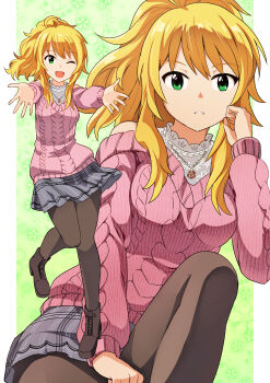 1girl absurdres blonde_hair boots brown_boots brown_pantyhose green_eyes grey_skirt highres hoshii_miki hoshii_miki_(private_dress) idolmaster idolmaster_(classic) idolmaster_million_live! idolmaster_million_live!_theater_days jewelry knee_up long_hair long_sleeves looking_at_viewer multiple_views necklace noborinosato official_alternate_costume one_eye_closed open_mouth outstretched_arms pantyhose parted_lips pink_sweater ponytail skirt sweater