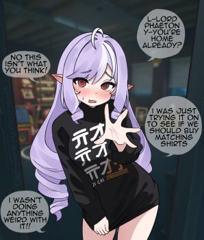 1girl @_@ absurdres ahoge arutemisu180 black_shirt blurry blurry_background blush borrowed_clothes commentary cowboy_shot doorway drill_hair drill_sidelocks ear_blush english_commentary english_text fang game_screenshot_background hand_up highres long_hair mole mole_under_eye open_mouth patreon_username pointy_ears pov_doorway print_shirt purple_hair red_eyes screenshot_background shirt sidelocks skin_fang solo speech_bubble vivian_banshee zenless_zone_zero