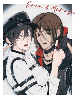 1boy 1girl black_choker black_hair black_hat black_jacket black_nails border breasts brown_hair chain chain_necklace character_name choker collared_shirt commentary earrings em1607230229543 eren_yeager facial_scar green_eyes grey_eyes hair_between_eyes hat highres jacket jewelry medium_breasts medium_hair mikasa_ackerman multiple_earrings nail_polish necklace official_alternate_costume open_mouth ring scar scar_on_cheek scar_on_face shingeki_no_kyojin shirt short_hair studded_choker symbol-only_commentary upper_body v white_border white_shirt