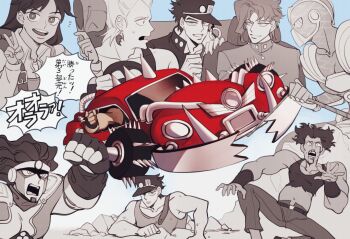 1girl 6+boys biceps car car_interior hierophant_green highres jean_pierre_polnareff jojo_no_kimyou_na_bouken kakyoin_noriaki kuujou_joutarou motor_vehicle multiple_boys partially_colored red_car runaway_girl_(jojo) sempon_(doppio_note) spikes stand_(jojo) stardust_crusaders underground vehicle_focus wheel_of_fortune_(stand) zz_(jojo)