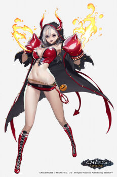 boxing_gloves breasts chaos_online character_request fire gloves horns large_breasts navel short_shorts shorts source_request tagme tail