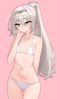 1girl absurdres alternate_costume an-94_(girls&#039;_frontline) an-94_(mod3)_(girls&#039;_frontline) aqua_eyes arm_behind_back bikini blush closed_mouth collarbone commentary flat_chest girls&#039;_frontline hand_up heart highres long_hair nabiyan navel pink_background ponytail shirt simple_background solo string_bikini swimsuit wet white_bikini white_hair