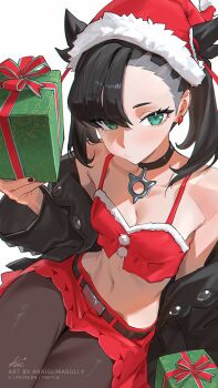 1girl araigumasully asymmetrical_bangs asymmetrical_hair belt black_belt black_choker black_jacket black_nails black_pantyhose box breasts choker christmas cleavage commentary crop_top earrings english_commentary from_above fur-trimmed_headwear fur-trimmed_shirt fur_trim gift gift_box green_eyes hand_up hat hip_bones holding holding_gift jacket jacket_partially_removed jewelry looking_at_viewer marnie_(pokemon) navel nintendo pantyhose pokemon pokemon_swsh pom_pom_(clothes) red_skirt red_tank_top santa_hat shirt signature sitting skinny skirt solo stomach tank_top twintails undercut white_background