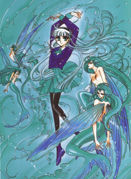 1990s_(style) 5girls absurdres arms_up black_hairband black_legwear blue_eyes blue_hair blue_skirt blue_theme clamp dress full_body hairband highres long_hair magic_knight_rayearth mermaid monster_girl multiple_girls official_art pantyhose retro_artstyle ryuuzaki_umi scan school_uniform shoes skirt smile water