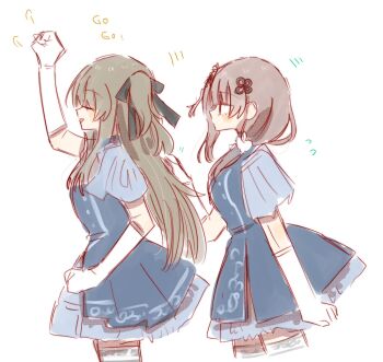 2girls arm_at_side arm_up assault_lily black_dress black_hair black_ribbon blush brown_hair clenched_hands closed_eyes closed_mouth commentary cowboy_shot dress elbow_gloves flower flower_knot flying_sweatdrops from_side gloves grey_dress hair_flower hair_ornament hair_over_shoulder hair_ribbon hair_scrunchie hand_up highres kuo_shenlin long_hair looking_at_another motion_lines multiple_girls official_alternate_costume one_side_up parted_lips profile ribbon rui_rui_rui0122 scrunchie short_sleeves sidelocks simple_background smile standing thighhighs two-tone_dress very_long_hair wang_yujia white_background white_flower white_gloves white_scrunchie white_thighhighs