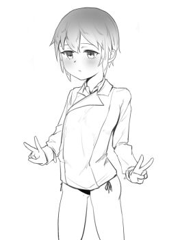 1girl arms_at_sides bikini blazer blush closed_mouth double_v embarrassed expressionless feet_out_of_frame female_focus flat_chest greyscale hands_up jacket kino_(kino_no_tabi) kino_no_tabi long_sleeves looking_afar mole mole_on_thigh monochrome petite riceball_sama short_hair side-tie_bikini_bottom simple_background solo standing swimsuit tomboy v