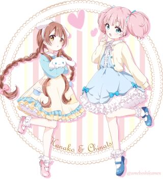 2girls animal_ear_hairband animal_ears aqua_dress aqua_eyes aqua_shirt blue_bow blue_dress blue_footwear blue_ribbon blush border bow braid brown_eyes brown_hair character_doll character_name child cinnamoroll collared_dress collared_shirt doll dress fake_animal_ears frilled_dress frilled_shirt_collar frilled_socks frills full_body hair_over_shoulder hair_ribbon hairband hand_on_own_cheek hand_on_own_face heart highres holding holding_doll in_pocket index_finger_raised jacket layered_dress leg_up long_hair mary_janes mearian multiple_girls neck_ribbon oomuro-ke oomuro_hanako outside_border parted_lips patchwork_clothes pink_hair pink_shoes ribbon round_border sanrio shirt shoes socks standing striped_background twin_braids twintails twitter_username white_dress white_hairband white_ribbon white_socks yellow_dress yellow_jacket yoshikawa_chinatsu yuruyuri