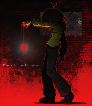 1other absurdres antenna_hair black_pants brown_hair commentary deltarune english_commentary english_text full_body green_hoodie highres hood hoodie kris_(deltarune) long_sleeves other_focus outline pants puppet_strings realshadowfan01 red_background red_eyes red_outline single_horizontal_stripe solo soul_(deltarune) striped_clothes striped_hoodie utdr_(toby_fox)